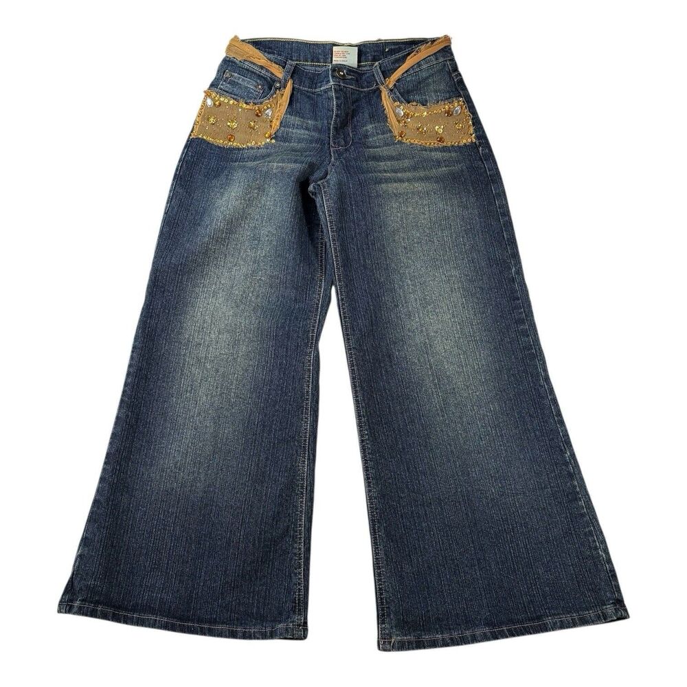 Elite Jeans Cropped Wide Leg Jeans Embellished Sequins Rhinestones